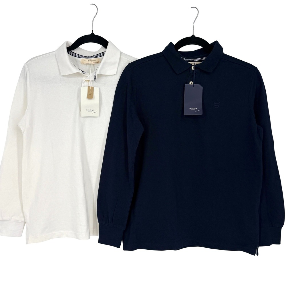 Bundle of 2 New Zara Boy's Cotton Long Sleeve Polo Shirts Blue White 11-12